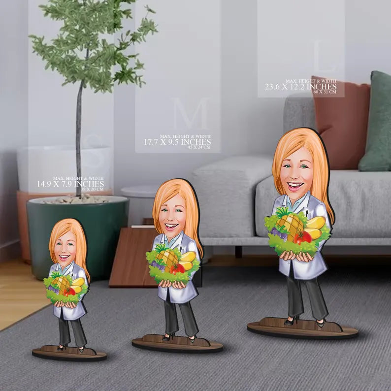 Personalized 3D Wooden Cartoon Nutritionist Oversized Figurine Trinket, Custom Caricature Portrait, Gift for Her, Home Decor, Doctor Gift